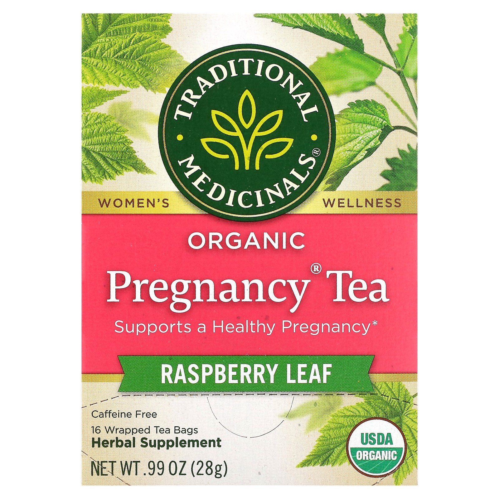 , Raspberry Leaf, Caffeine Free, 16 Wrapped Tea Bags, 0.99