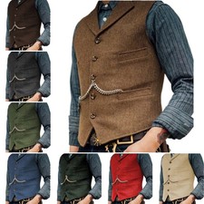 Mens Tweed Vest Cowboy Western Vintage Wool Herringbone Vests M Large XL XXL 3XL