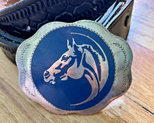 Horse Head Belt Buckle and Black Leather Belt 47 in Made in Mexico