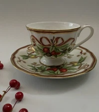 Vtg TIFFANY & Co. Christmas Holiday Ribbon Teacup Tea Cup Saucer Japan Mint Cond