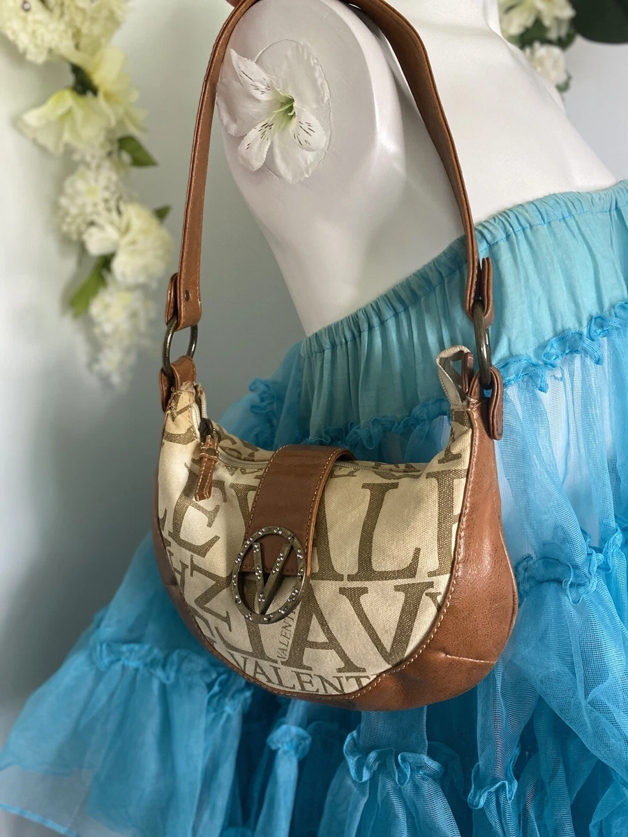 Vintage Mario Valentino Shoulder Bag Canvas Faux Leather Metal 