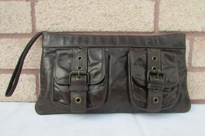 Kooba Brown Distressed Glazed Leather Buckle Zipper Clutch
