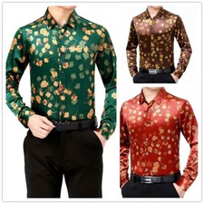 Retro Men Velvet Floral Blouse Shirt Tops Printed Flower Casual Formal