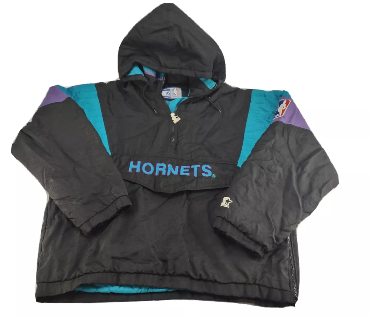 Rare OG Vintage 90s XL Black Charlotte Hornets NBA Starter Pullover Jacket Zip