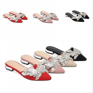Sequins Bling Flats Loafers Shoe Mules Women's Slipper Shoe Closed Toe Low Top D