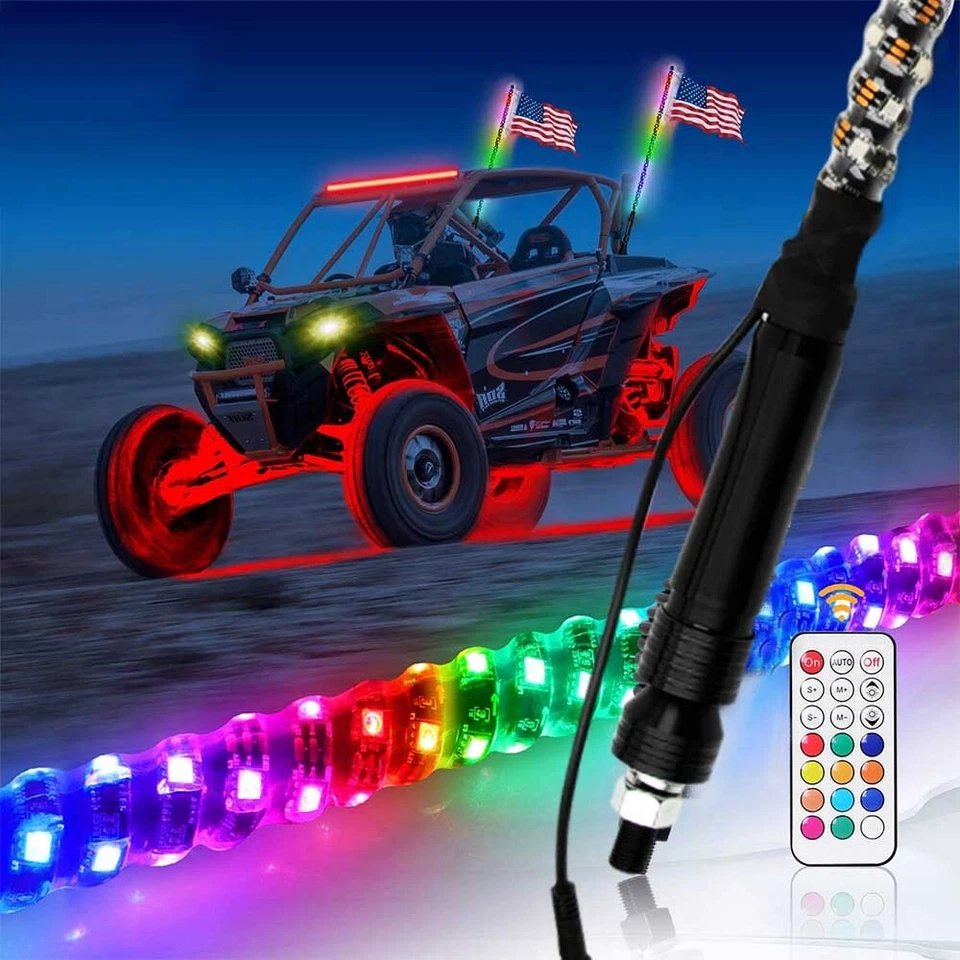 Pair 2FT RGB Spiral LED Whip Light Antenna W/Flag For Jeep Gladiator Wrangler JK - Image 2 of 4