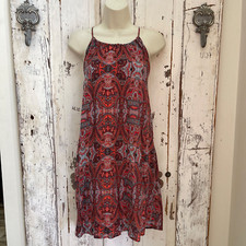 Lucky Brand Sz. Small Womans Rust Coral Orange Blue Paisley Shift Pocketed Dress
