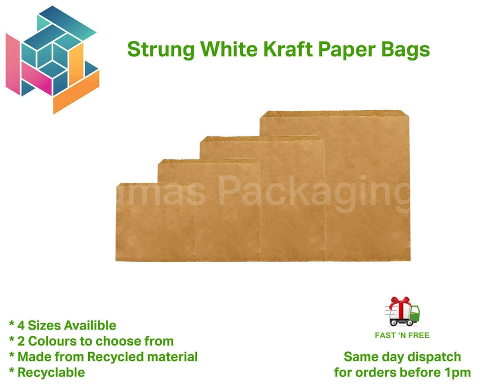 PAPER BAGS STRUNG BROWN & WHITE KRAFT FOOD SANDWICH TAKEAWAY GROCERY BAG - Image 3 of 4