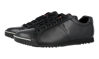 PRADA Leather Sneakers - Red Stripe - 4E2719 - Black - NEW - US 10
