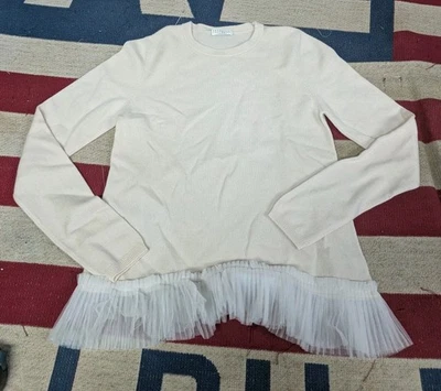 Brunello Cucinelli Cashmere Sweater Ivory Tulle Ruffle Hem Size M Made In Italy