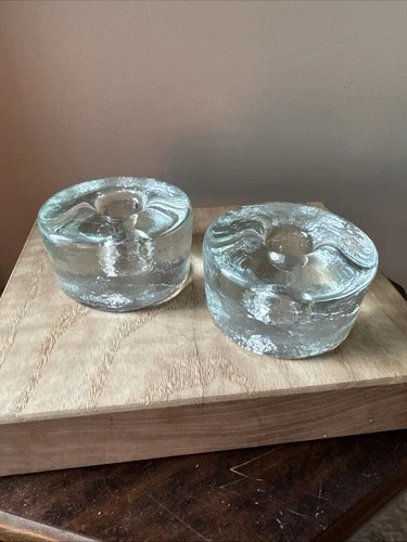 Blenko Clear Glass Round Puck Taper Candle Candlestick Holders - Set of 2