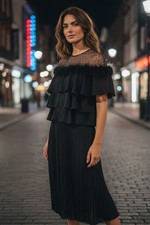 DELFI Collective Tootsies pleated skirt W/tiered ruffles  mesh neckline S NWT