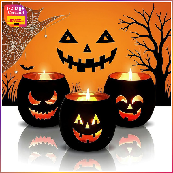 Kerzenhalter Halloween 3 StüCk Teelichthalter Schwarz Glas Mit Gravur Tischdeko-image