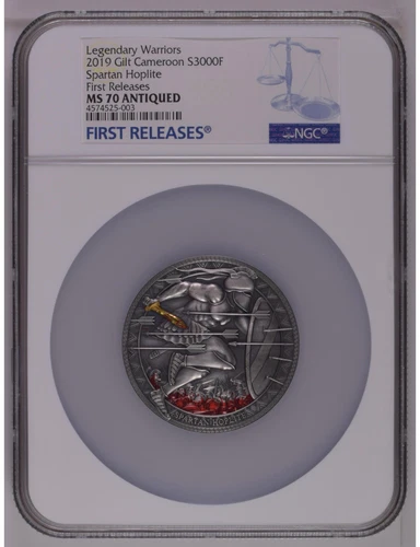 NGC MS70 FR 2019 Cameroon Spartan Hoplite Legendary Warriors 3Oz Silver Coin
