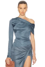 Atlein One Shoulder One Sleeve Shiny Jersey Draped Mini Terre Dress - RRP $590