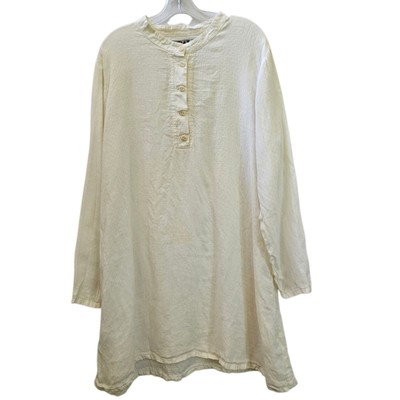 Flax Shift Dress Women's L Cream Textured 100% Linen Button Fairy Coastal Beachy