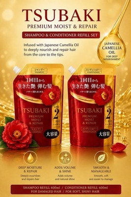 Shiseido TSUBAKI Premium Moist & Repair Shampoo & Conditioner Refill Set 600ml
