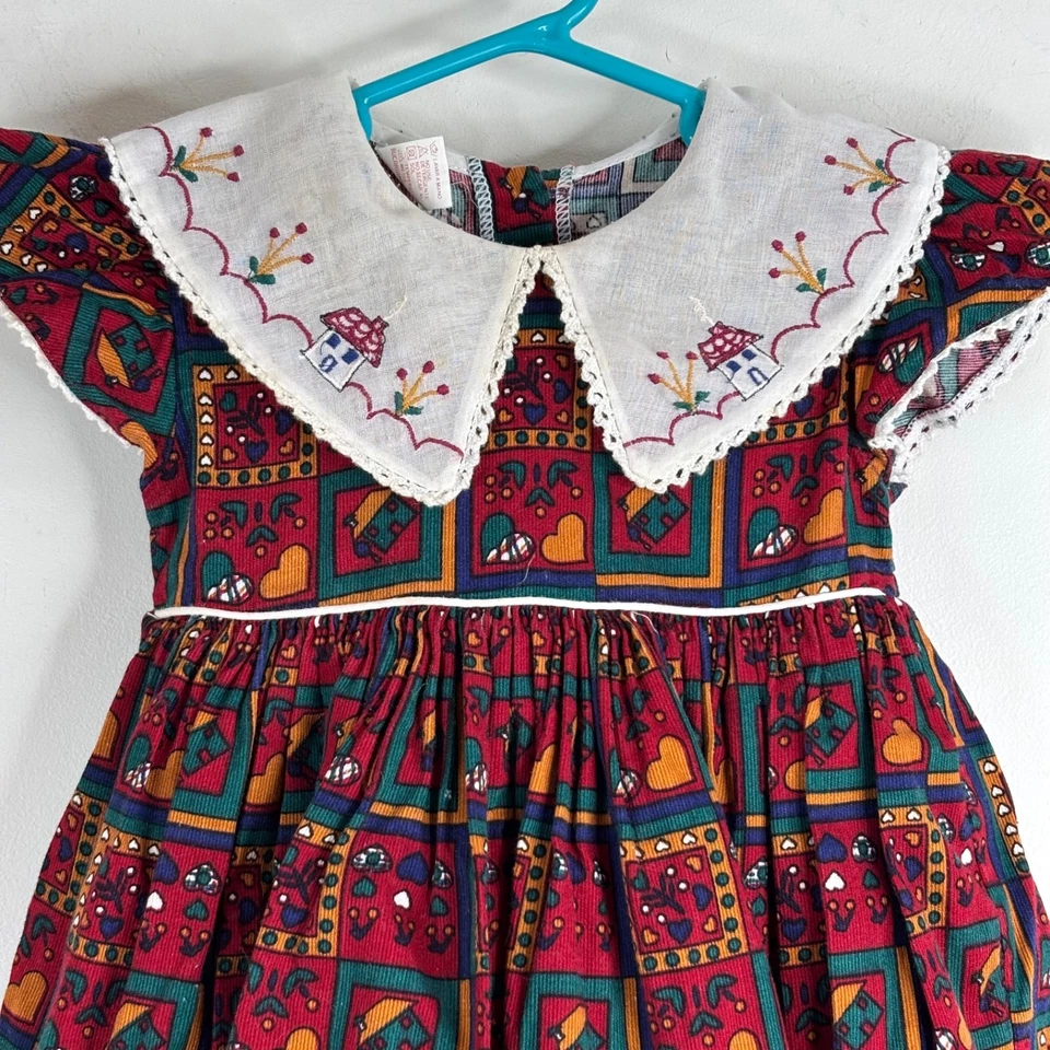 VTG 90s Christmas Dress 2T Micro Corduroy Embroidered Peter Pan Collar Cottage - Image 2 of 4