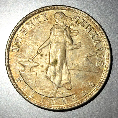 1944-D Philippines 20 TWENTY CENTAVOS Eagle on Shield SILVER Coin KM#182