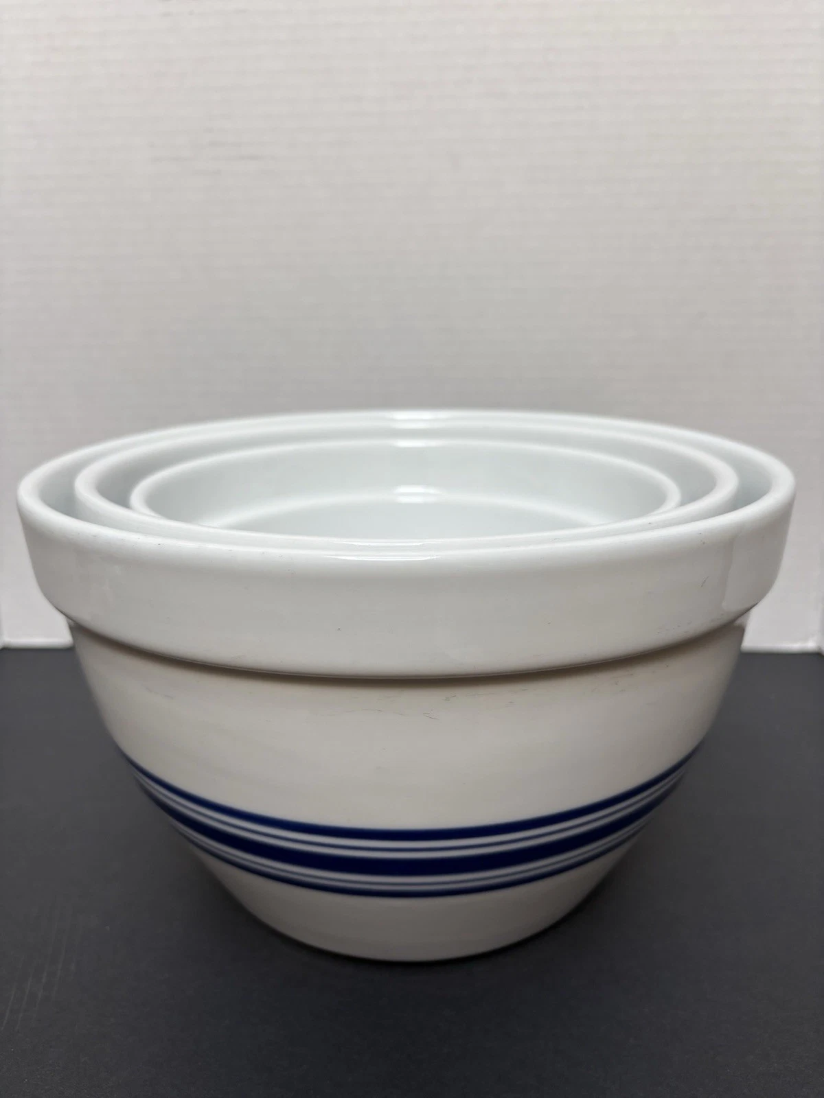 3 Crate & Barrel Heavy Duty Mixing Nesting Bowls White Blue Stripes Ceramic EUC
