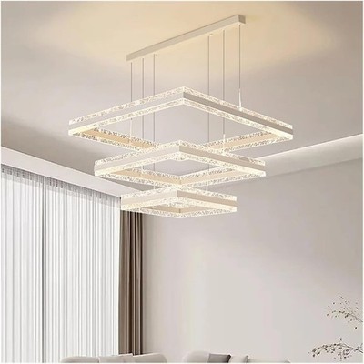 3-Ring Square LED Chandelier Modern Ceiling Light Remote Dimmable Fixture NEW
