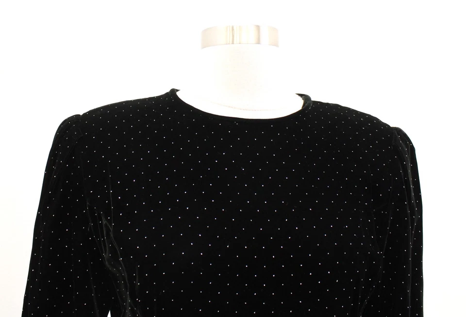 Винтажный 90-х черный бархат металлический блестящий горошек ярусный Midi платье вечеринки коктейль размер 8 - Изображение 2 из 4