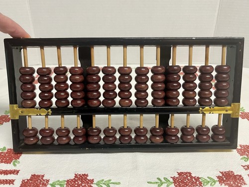 Vintage Chinese abacus black wooden frame brown beads brass reinforcements