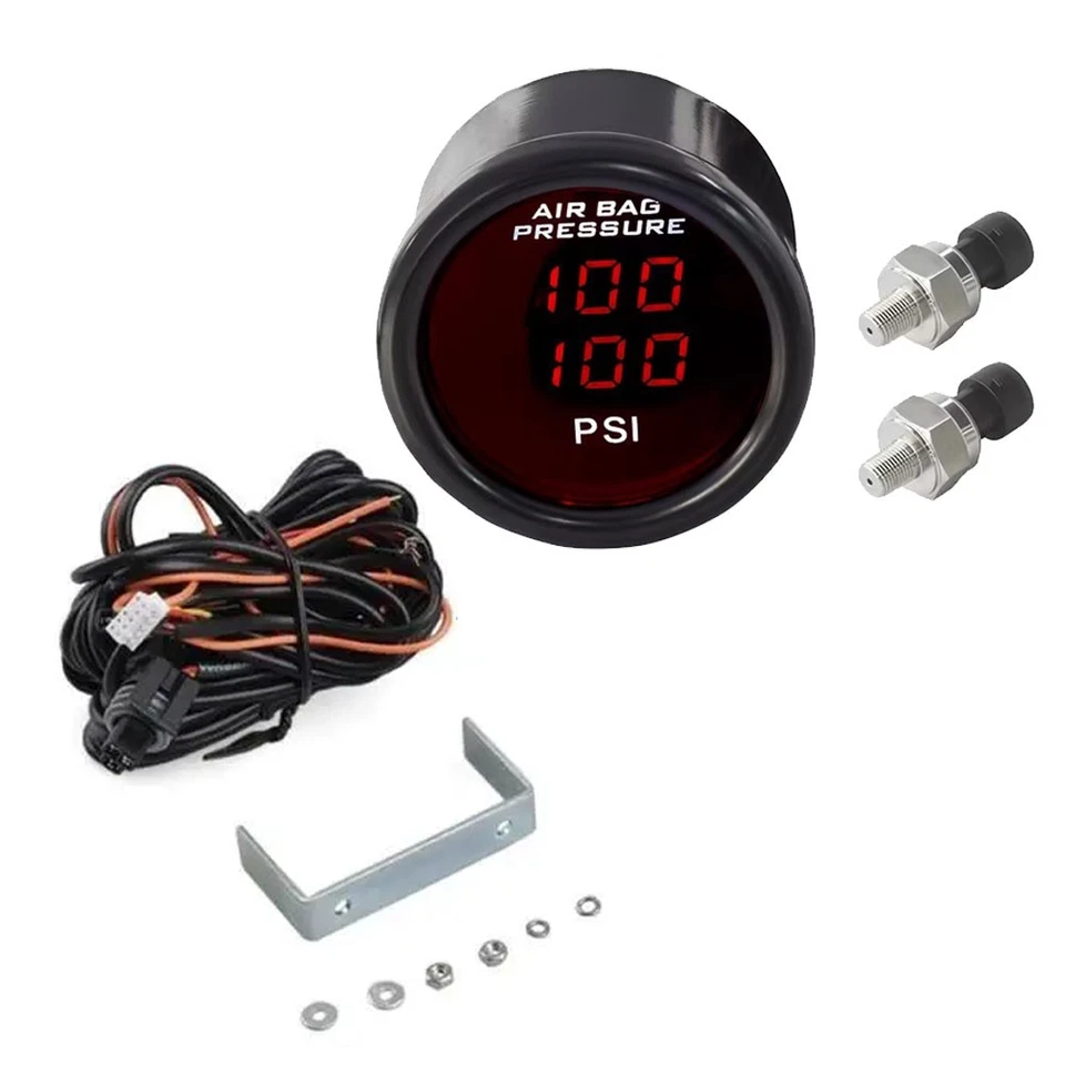 Red Car Suspension Gauge Kit 2inch 52mm Air Ride Air Pressure Gauge Set Sensors - Image 3 of 4