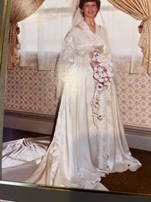 1950 s Antique Satin Ivory Wedding Gown Dress button down long train