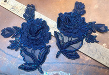 appliques embroidered 5x6" flowers beads navy hand sewn 2pcs
