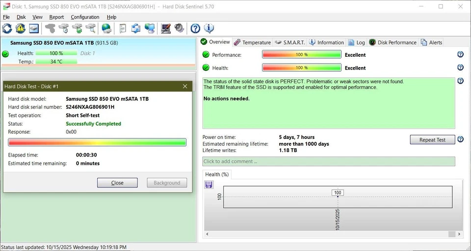 *Low Usage* Samsung 850 EVO mSATA 1TB SSD (MZ-M5E1T0) 3D V-NAND 6Gb/s 1.8" - Image 3 of 4