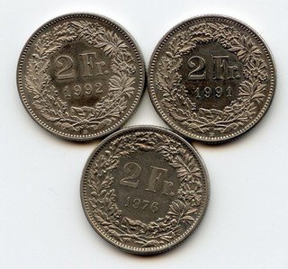Lot 3 X 2 Francs 1976 1991 1992. SUISSE /107A