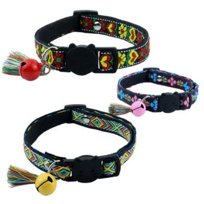 (CC061-CB) Bohemian Design Cat Safety Release Collar with Coloured Bell & Tassel