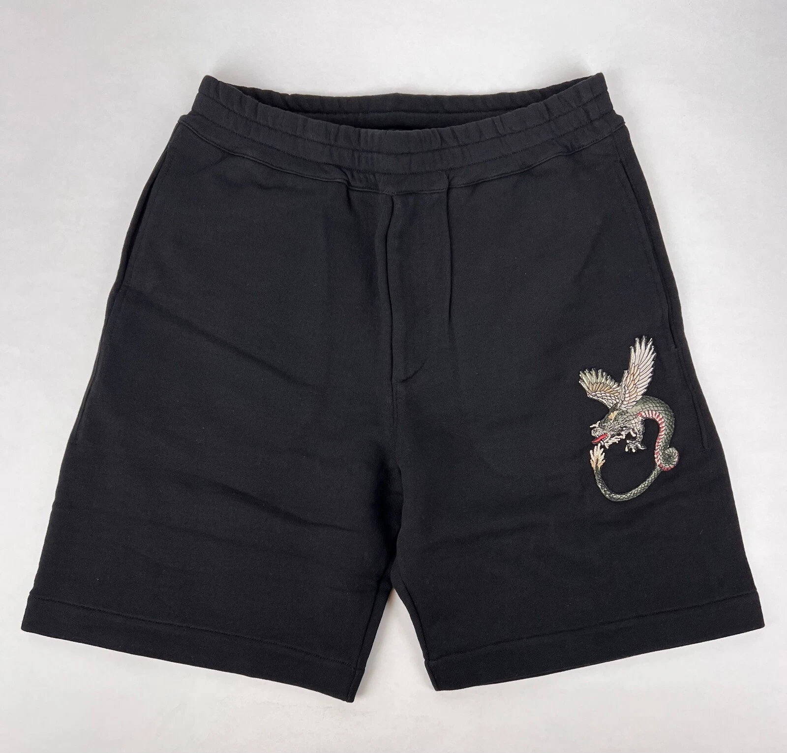 $685 Alexander McQueen Men's Black Cotton Short w/Green Dragon Patch 612763 1000