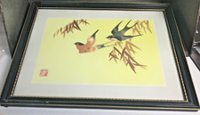 Vtg Chinese Signed on Silk Cut  Paste Painting Framed Art Flying Birds Shiny