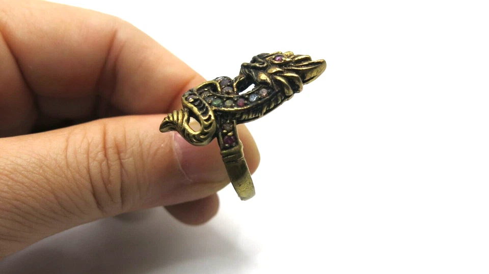 Anillo Dragón Naga Vintage - Piedras Preciosas Multicolores - Anillo Latón Ajustable Talla 9 Foto 3 de 4