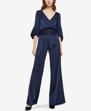  298 BCBG MaxAzria Dark Navy Puff Sleeve Satin Wrap Jumpsuit S NEW B854