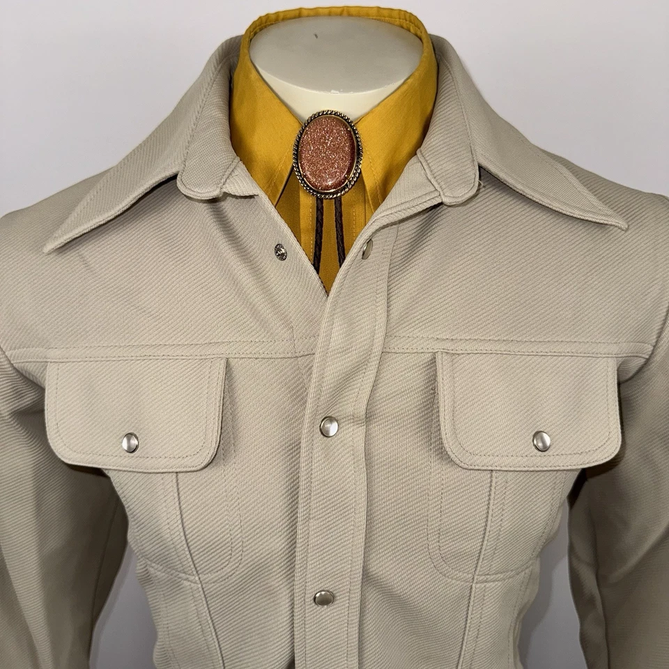 Vtg 60s 70s Leisure Suit Jacket Sears Pearl Snap Coat Rockabilly Tan Mens Medium - Image 4 of 4