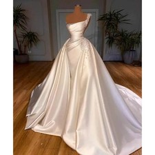 Luxury Mermaid Satin Pearls Wedding Dresses Bead with Detachable Bridal Gowns