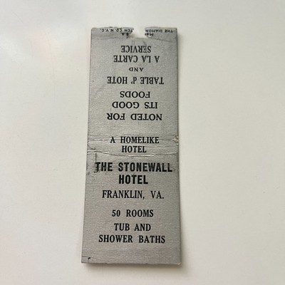 The Stonewall Hotel Tub Shower Baths Franklin VA Vintage Matchbook Cover TMB82-4