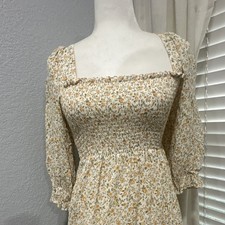 Reformation Floral Smocked Midi Dress Ivory Yellow Green Square Neck Puff 3/4 S
