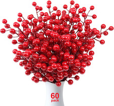 60 Pack Artificial Red Holly Berries, 8.2 Inch Christmas Berry Picks Red Berry S