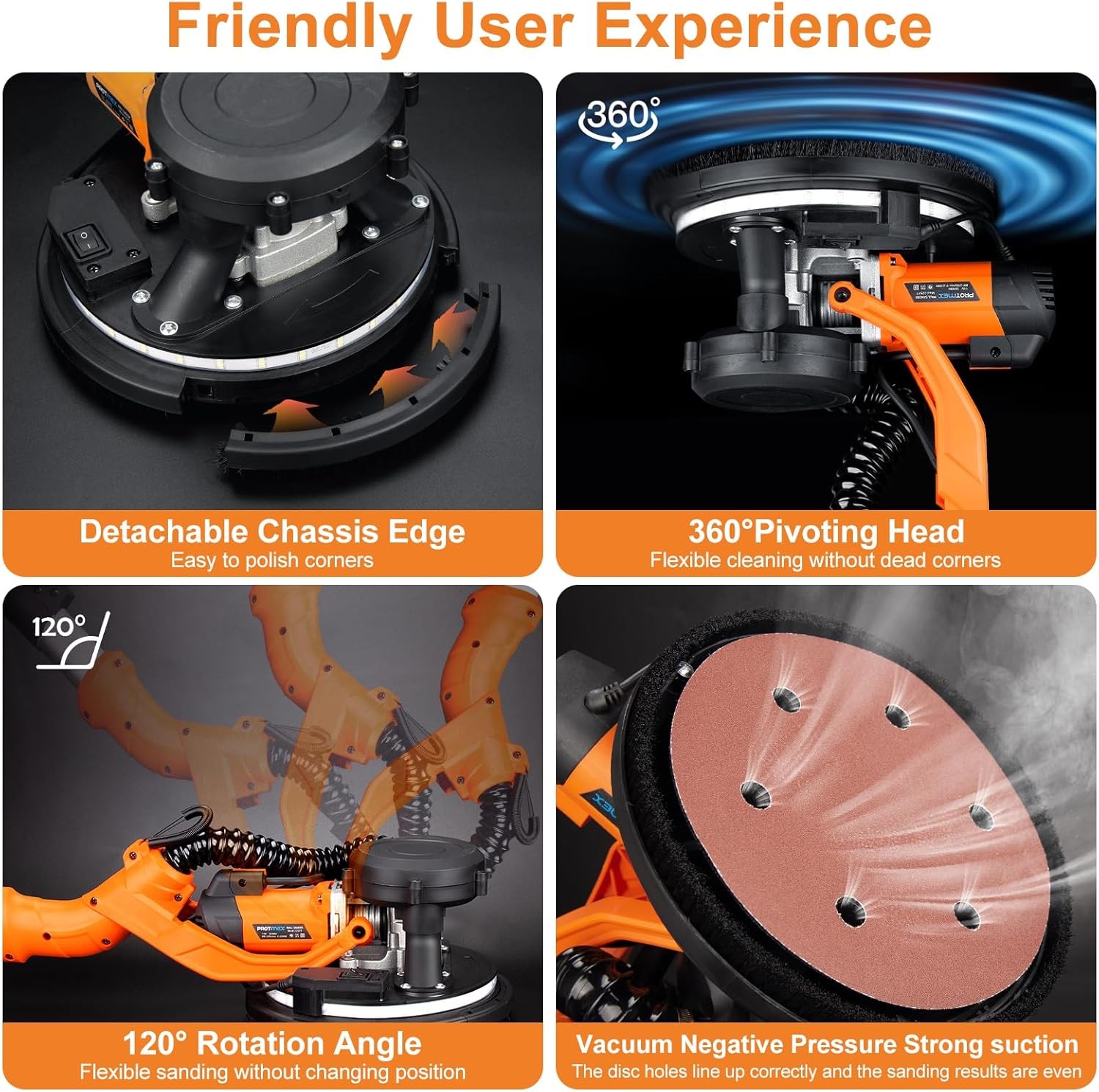 Protmex Drywall Sander - 1000W Wall with Vacuum Dust Orange Black 