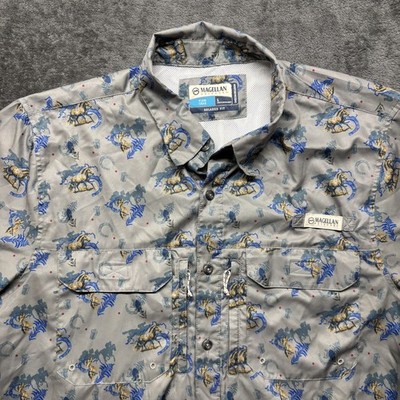 Magellan Shirt Mens Large Gray Blue Short Sleeve Button Up Vented Cowboy Fishing