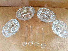 4 Vintage Clear Crystal Starburst Glass Open Salt Cellar with Spoons