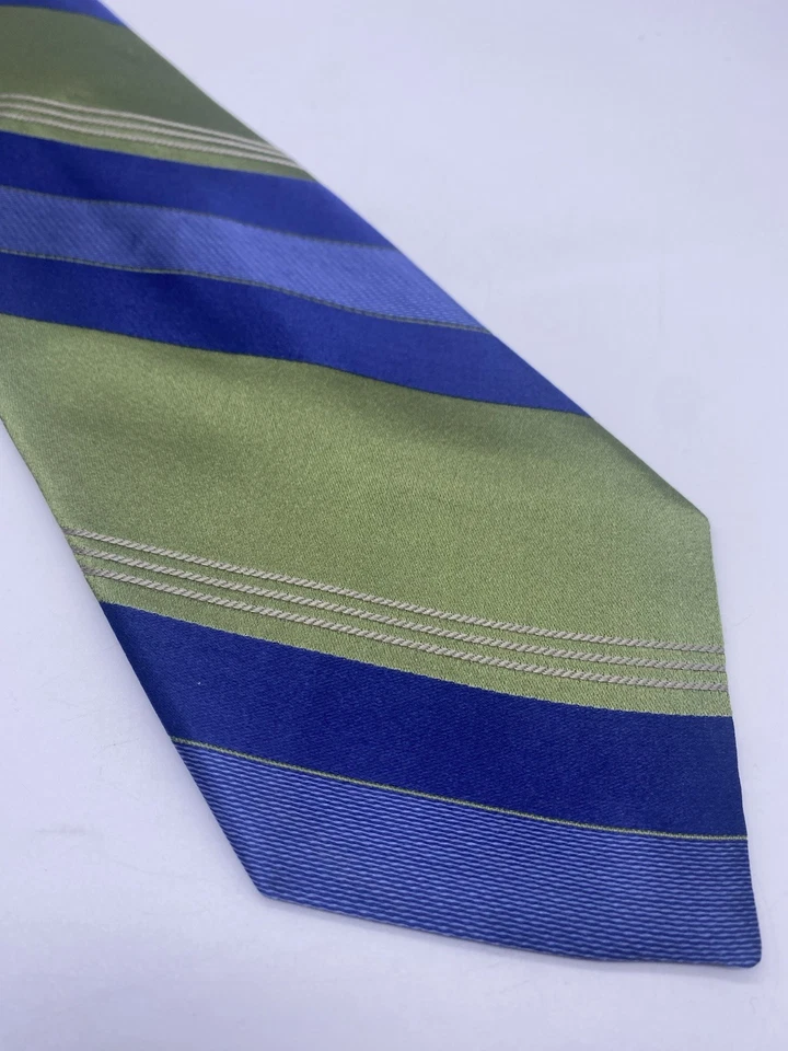 Corbata Merona Azul Verde Seda Diagonal Repp Rayas Preppy Y2K Carrera Invitada de Boda Foto 4 de 4