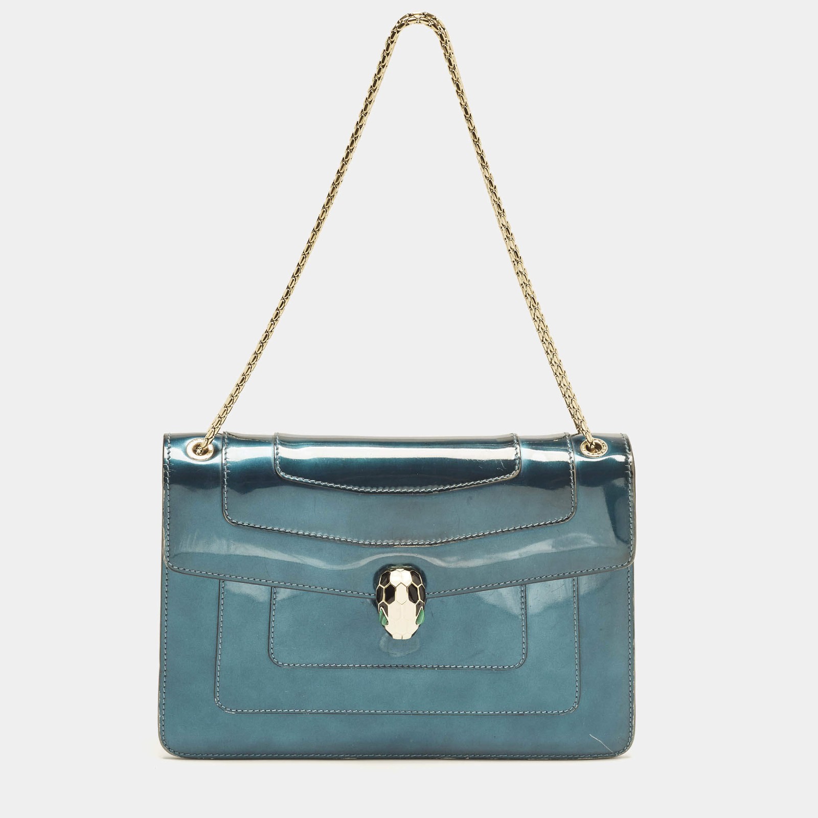 Bvlgari Serpenti Forever Flap Medium Green Patent Leather Shoulder Bag