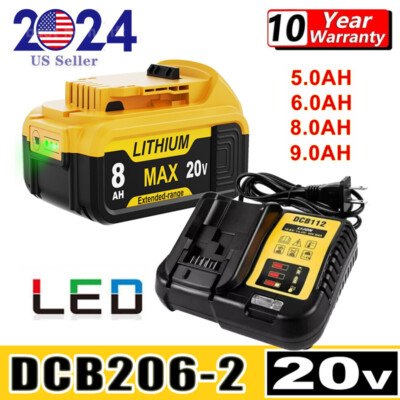 For DeWalt 20V 20 Volt Max 5/6/8/9AH Lithium Ion Battery DCB200-2 DCB206/Charger