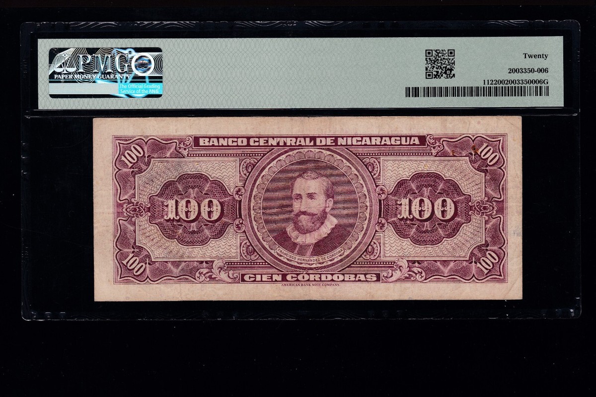 1962 100 Cordobas Nicaragua Banco Central Pick#112 PMG 20 VF (253