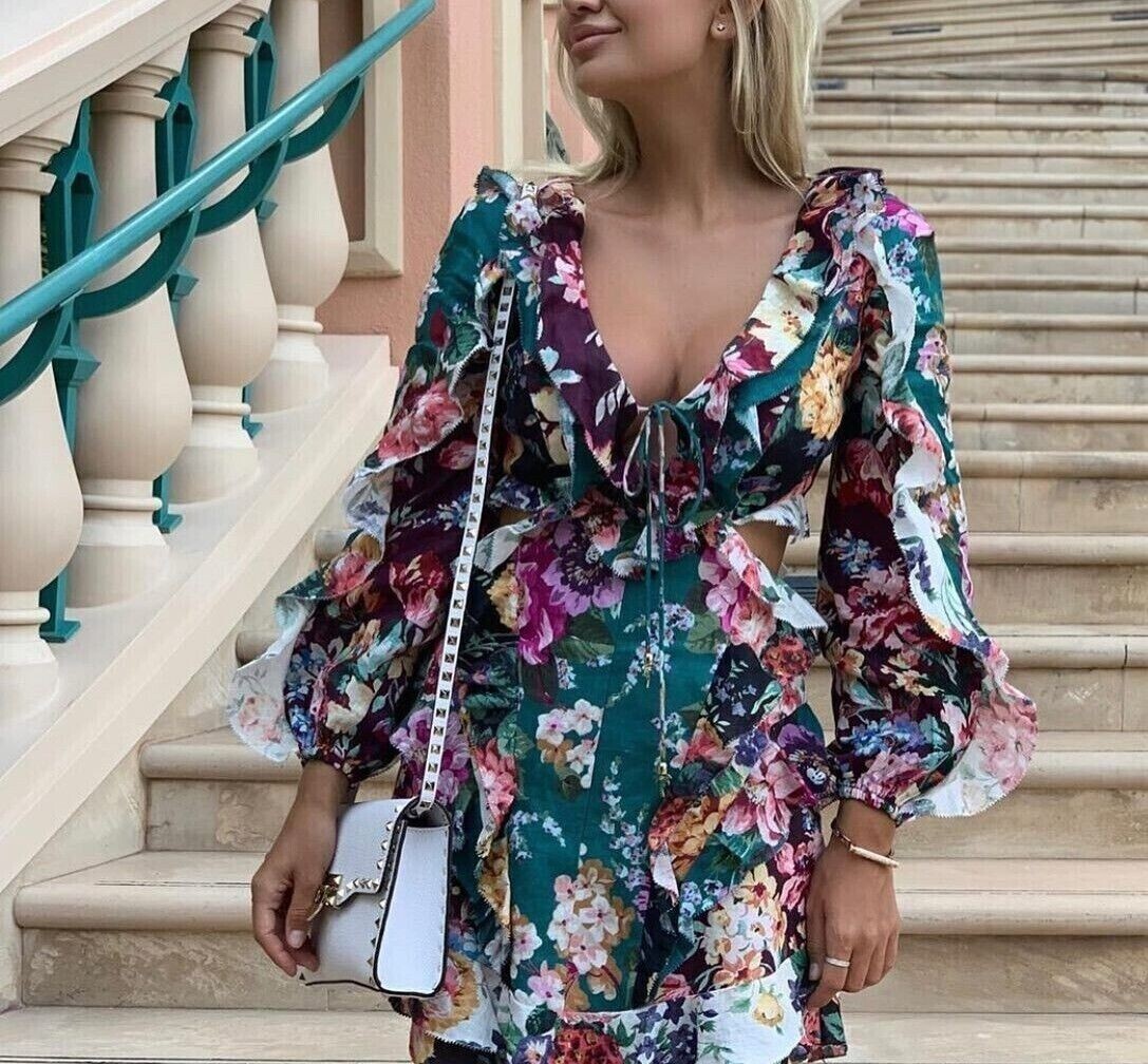 NWT. ZIMMERMANN Allia Ruffled Floral-print Linen Mini Dress ZIM 0 / US4